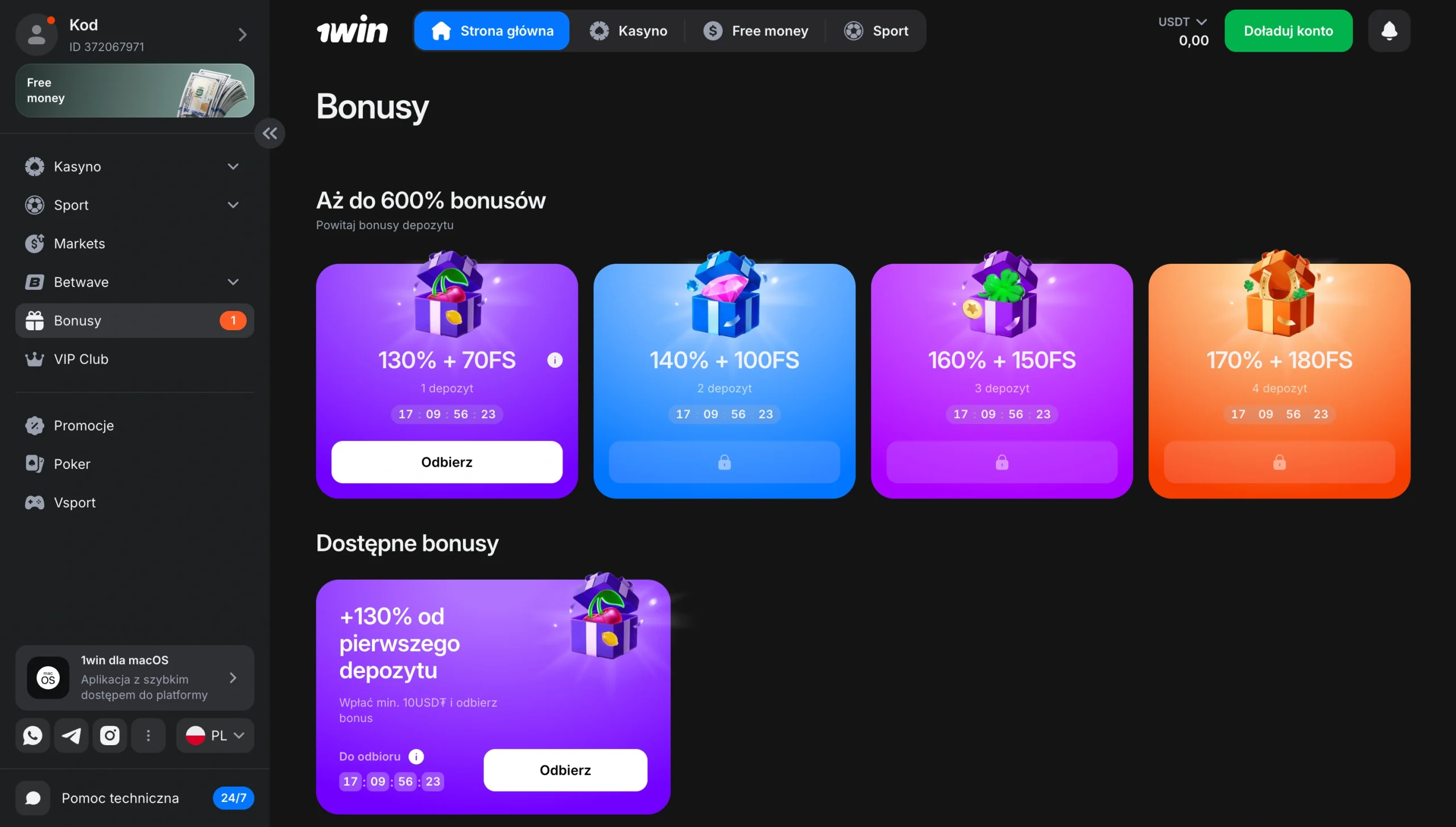 Dzial z bonusami w 1win i licznik czasu na obrót