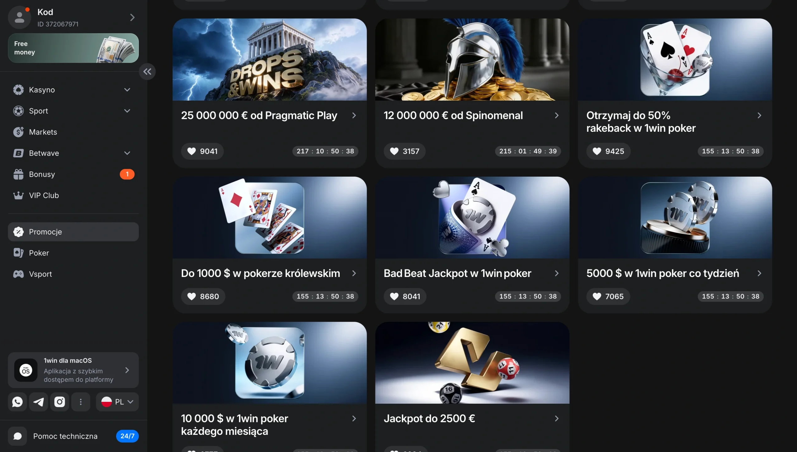 Dzial promocji w 1win, dalsza część listy